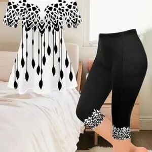 Black and White Women's Top with matching Capri Leggings